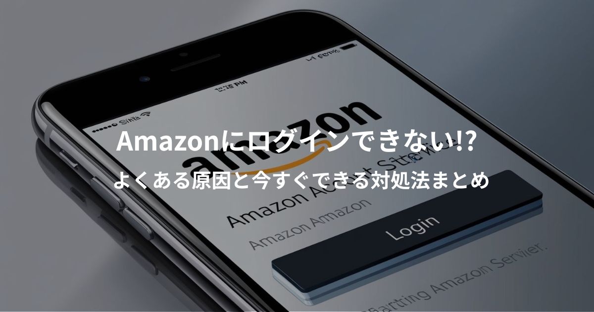 Amazonにログインできないときの原因と対処法を解説する記事のアイキャッチ画像。スマホとセキュリティマークのイラスト。