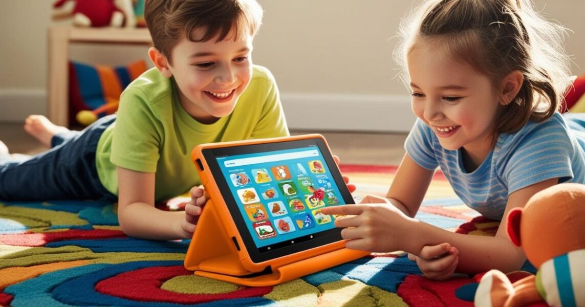 FIreタブレットキッズモデルで子供が遊ぶ画像。