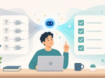 「わからないことリスト」をAIと一緒に作り、疑問符だらけの状態から一つずつチェック済みに変えていく様子のイラスト